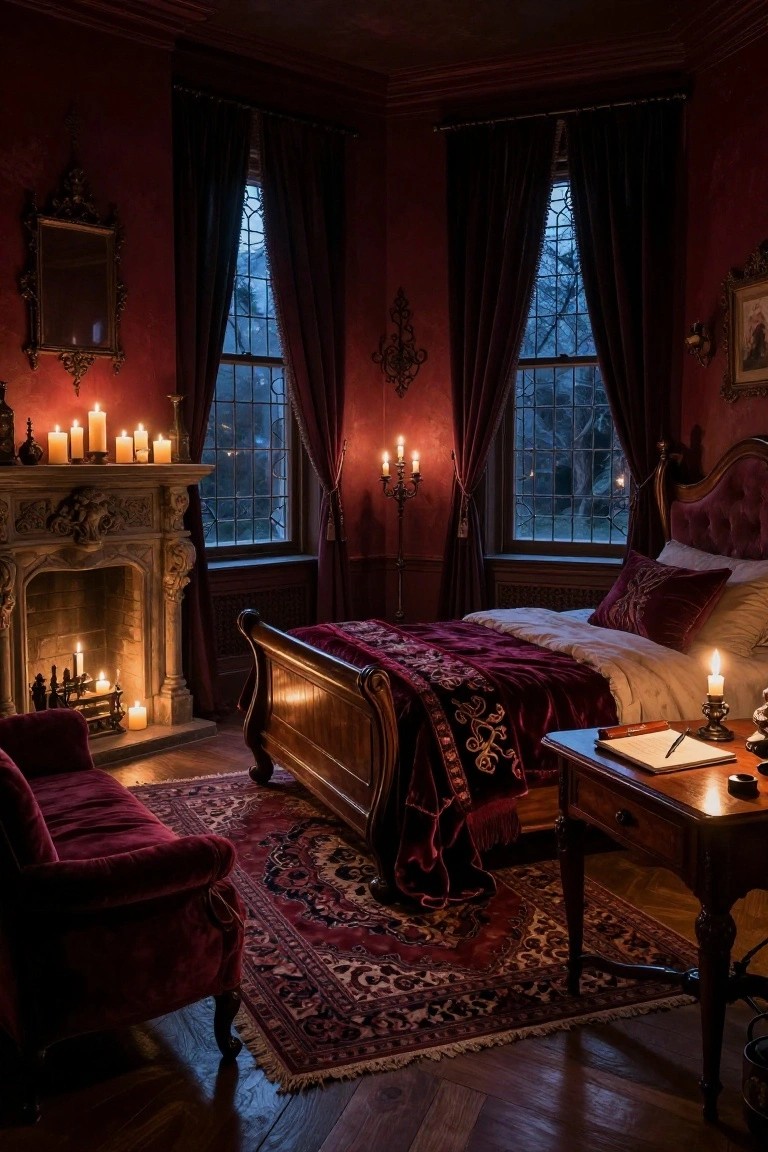 A corner bedroom with deep red walls, ornate carved fireplace with candles and fire, velvet bed with red bedding, heavy dark drapes on leaded glass windows, wooden desk, and red velvet armchair on hardwood floor.