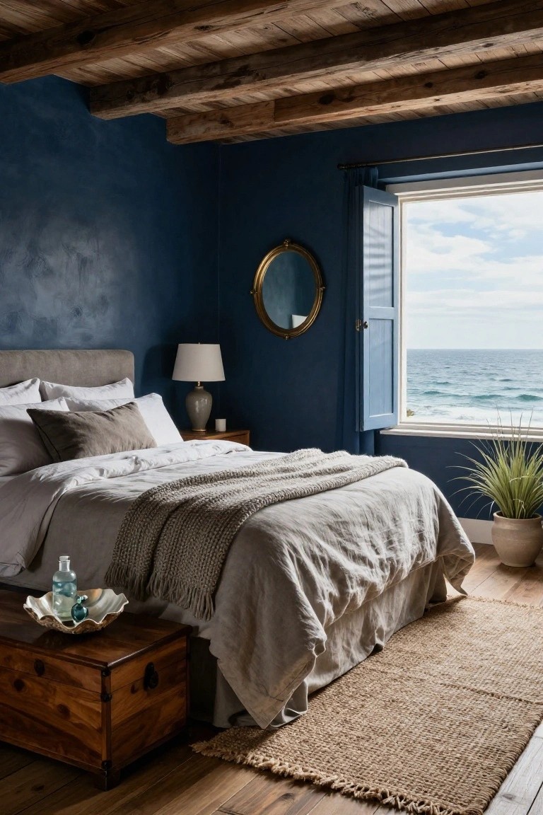 Bedroom with dark blue textured walls, exposed wooden beam ceiling, upholstered bed with white sheets gray throw and knit blanket, bedside table lamp wooden chest round mirror potted plant blue shutters on window overlooking ocean and beach.