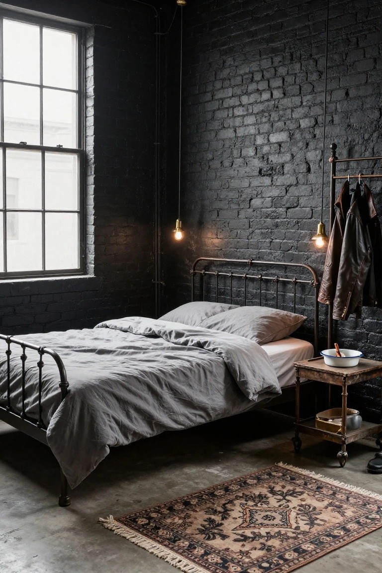 Bedroom interior with black exposed brick walls, vintage iron bed frame covered in gray linens, pendant lights, wooden side table, and leather jacket hanging on a pipe rack over a patterned rug on concrete floor.