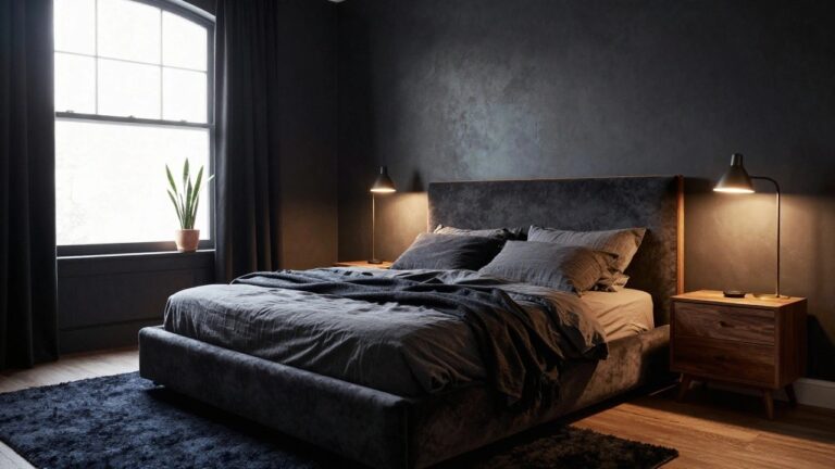 Bedroom with dark textured accent wall, black velvet upholstered bed with light gray linens and throws, wooden nightstand and dresser, potted snake plant, gold lamps, and arched windows with black curtains over hardwood floors and navy rug.