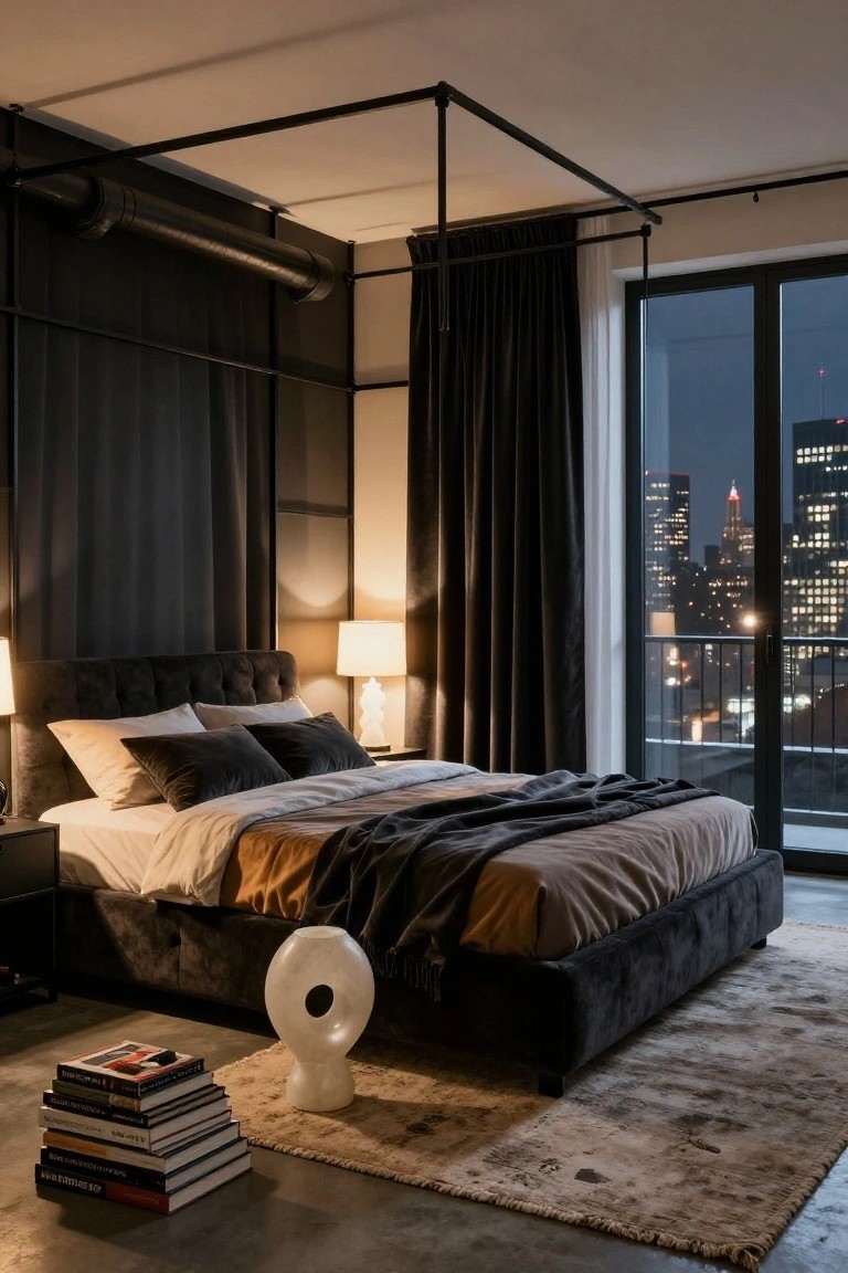 Dark moody bedroom featuring a black metal pipe canopy bed frame over a velvet upholstered bed with neutral bedding, flanked by lamps, a stack of books on the concrete floor, and large windows overlooking a nighttime city skyline.