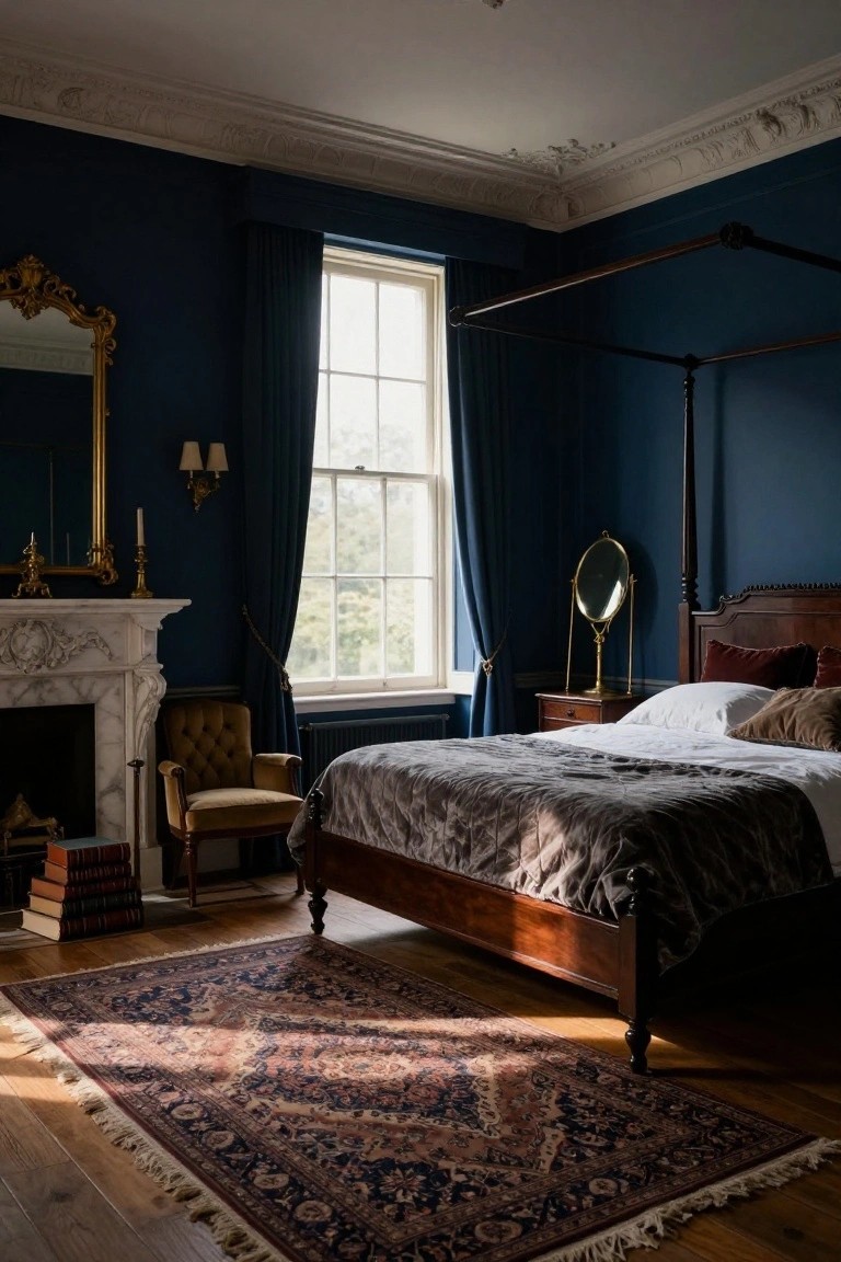 Traditional bedroom interior with dark navy blue walls, wooden four-poster bed with gray throw, gold-framed mirrors, marble fireplace with candles, tufted armchair, stacked books, and ornate Persian rug on hardwood floors.