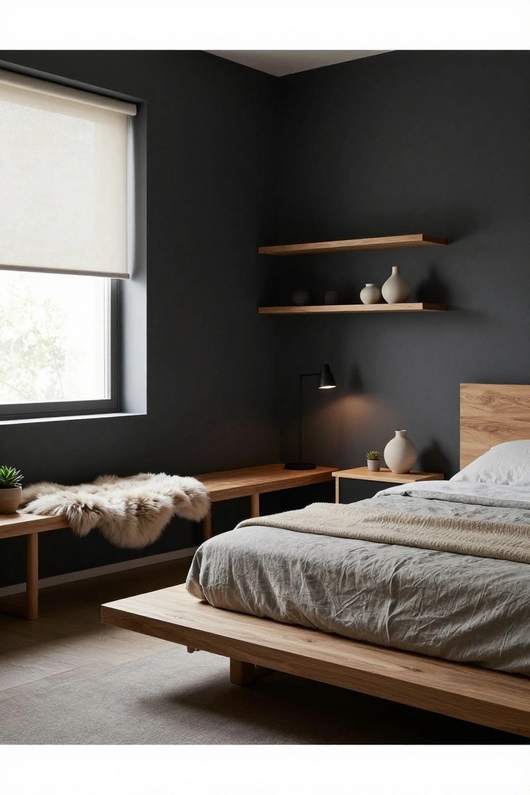 Bedroom interior with dark gray walls, low oak platform bed with light gray sheets and throw, wooden bench with sheepskin rug and potted plant, floating oak shelves holding ceramic vases, black desk lamp, and roller shade window.