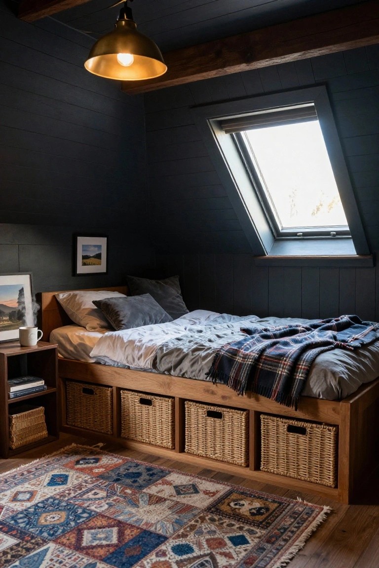 Dark wood-paneled attic bedroom with sloped ceilings, wooden platform bed with wicker basket drawers, gray bedding and plaid throw, brass pendant light, skylight, side table with mug, framed art, and patterned rug on wood floor.