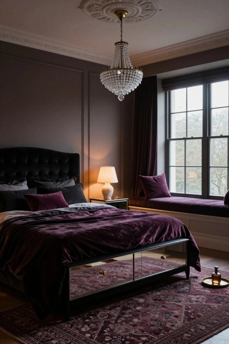 A bedroom with dark gray paneled walls, black tufted velvet headboard, deep purple velvet bedding on a black mirrored bed frame, purple velvet pillows and window seat cushion by a large window with gray curtains, crystal chandelier overhead, side table with lamp, and purple patterned rug on wood floor.