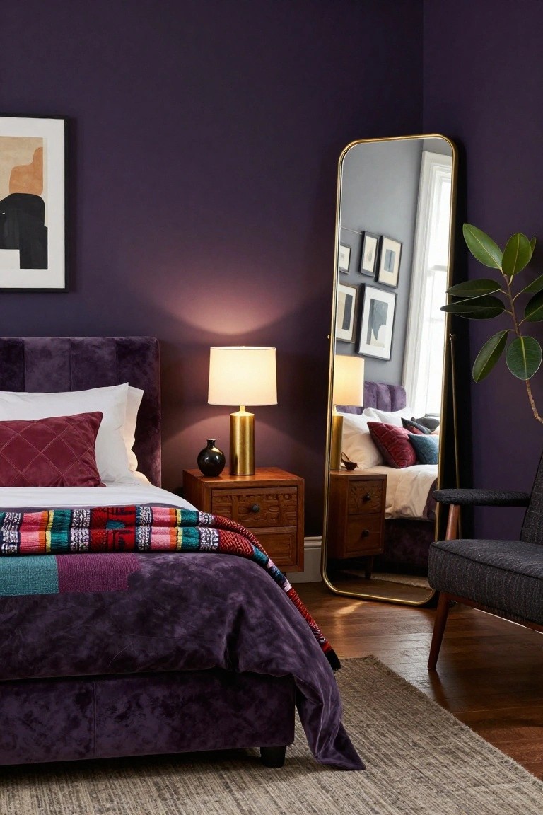 A bedroom corner with deep purple walls, purple velvet tufted bed dressed in white sheets and a colorful plaid throw, wooden nightstand holding a table lamp and vase, tall gold-framed mirror, potted plant, and gray armchair on wood floors with seagrass rug.