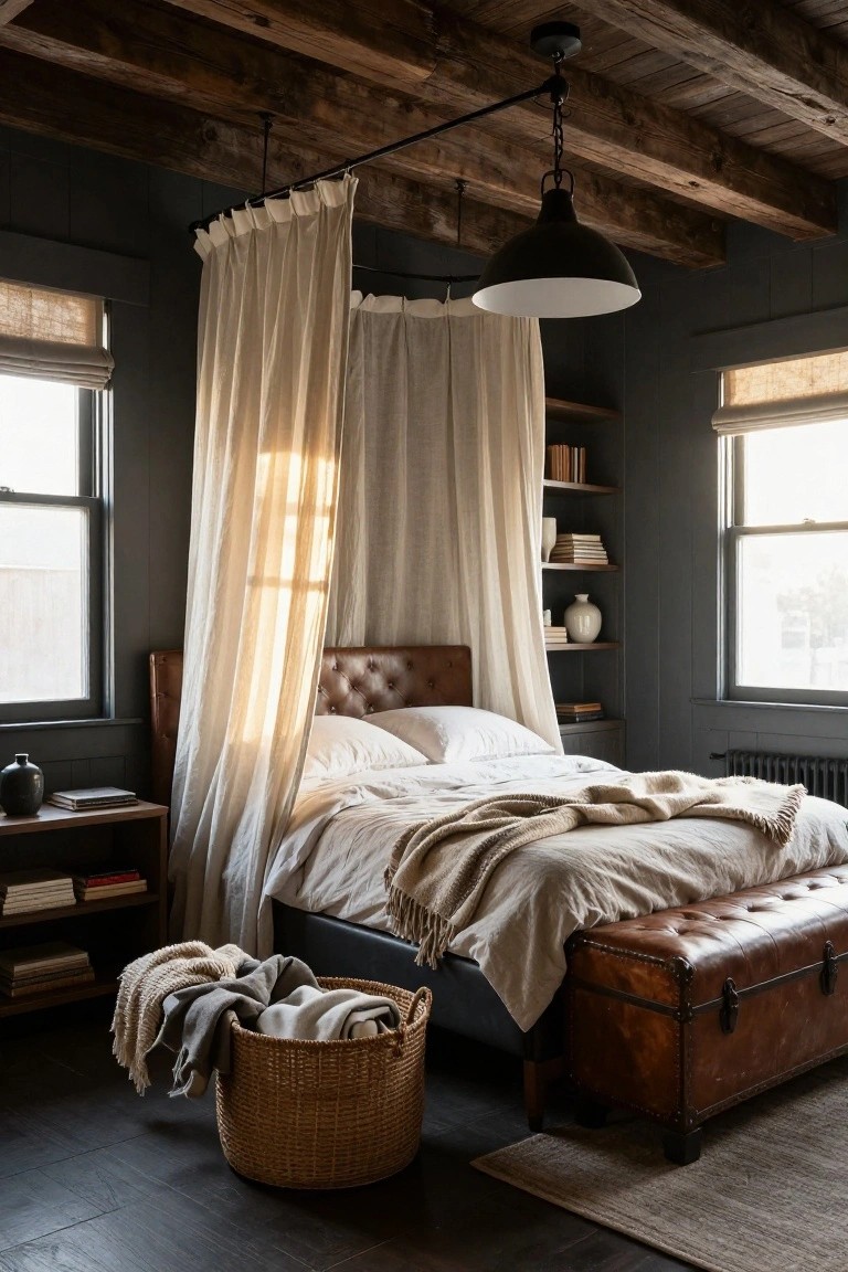 Bedroom interior with dark gray walls, exposed wood beam ceiling, king bed with brown leather headboard under sheer white canopy curtains, bedside table with books, wicker basket of blankets, leather trunk bench, and windows with shades.