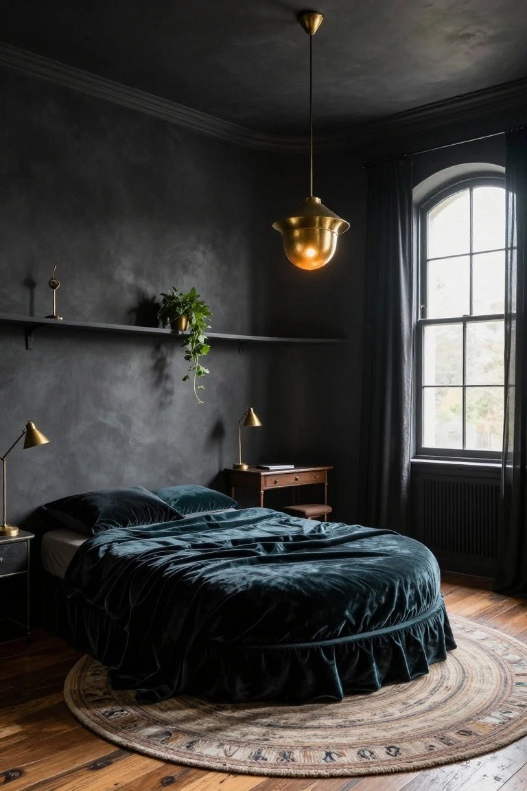 Corner bedroom with dark textured plaster walls, round bed covered in emerald green velvet bedding with ruffled skirt, brass pendant light and table lamps, potted plant on wall shelf, small wooden desk and nightstand, arched window with dark curtains, wood floors, and round jute rug.