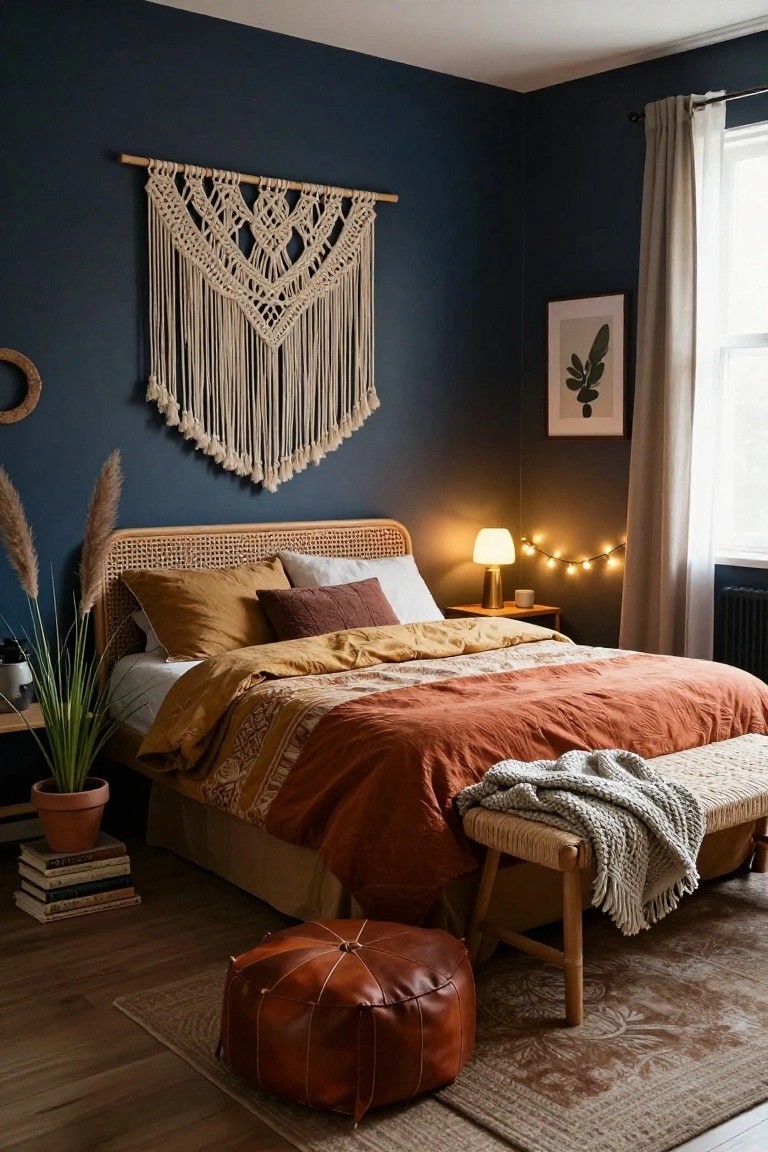 Bedroom interior featuring dark navy walls, large white macrame wall hanging, rattan bed frame with terracotta and mustard bedding, pampas grass in vase, leather pouf, and warm bedside lamp.
