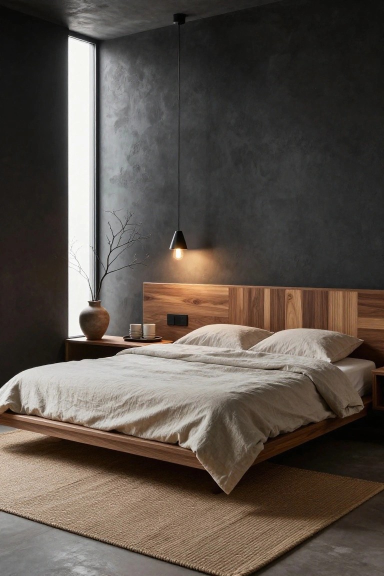 Bedroom interior with dark textured walls, wooden platform bed and paneled headboard, beige linen bedding and pillows, nightstands with cups and vase of branches, pendant light, large window, and seagrass rug on concrete floor.