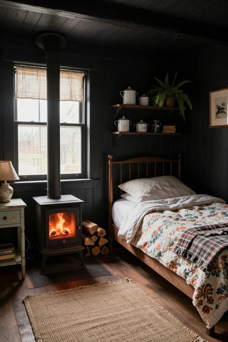 Small bedroom with black paneled walls, freestanding black wood stove with orange fire and stacked logs, wooden bed with white bedding and floral quilt, shelves holding white pots and green plant, table lamp, and double window with beige curtains.