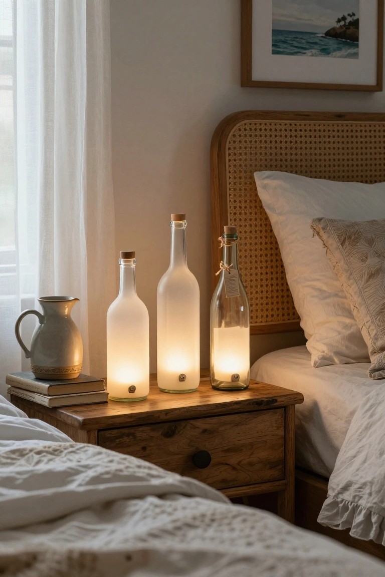 Three glowing glass bottle lamps on a rustic wooden nightstand beside a bed.