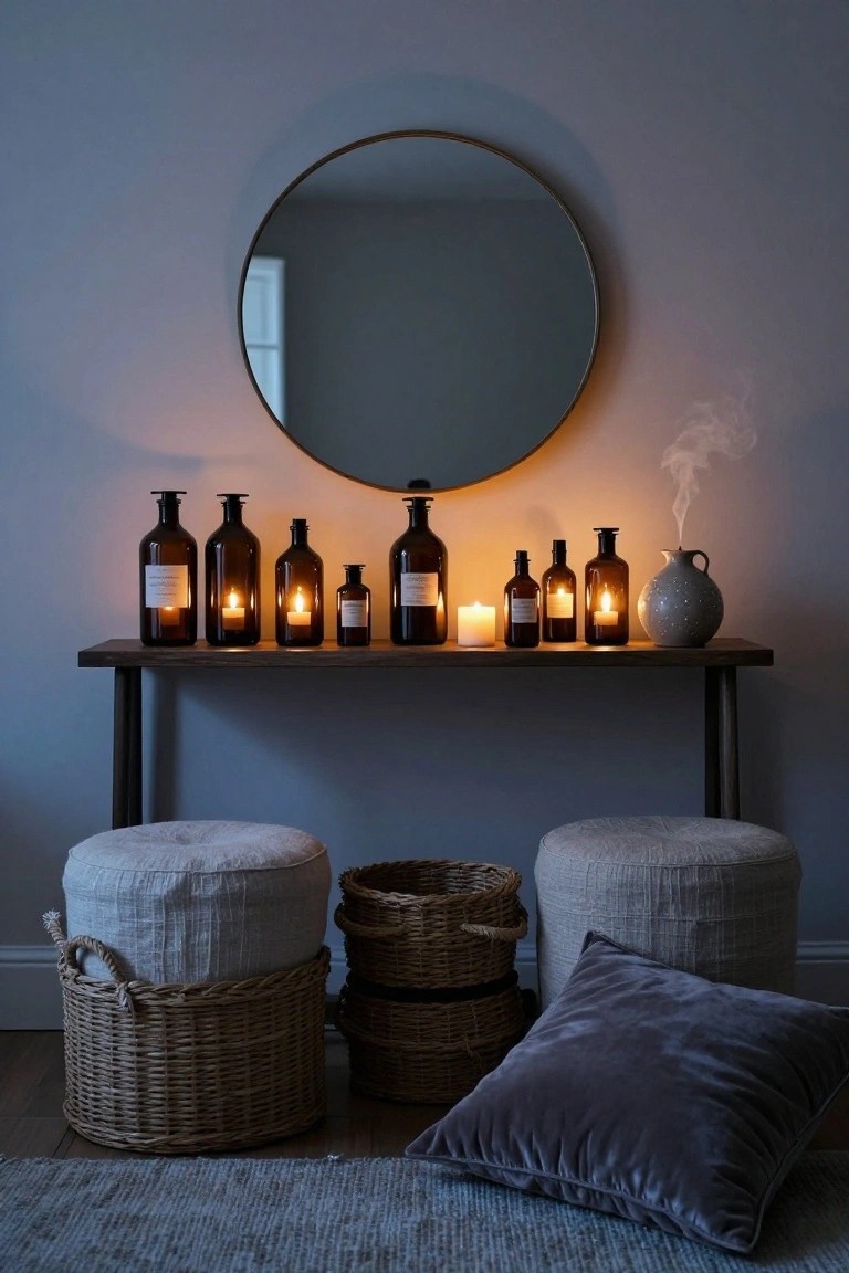 Wooden console table holding various amber glass bottles with lit candles inside, a ceramic jug with incense smoke, flanked by fabric stools with woven baskets and a velvet pillow, in front of a large round mirror on a blue wall.
