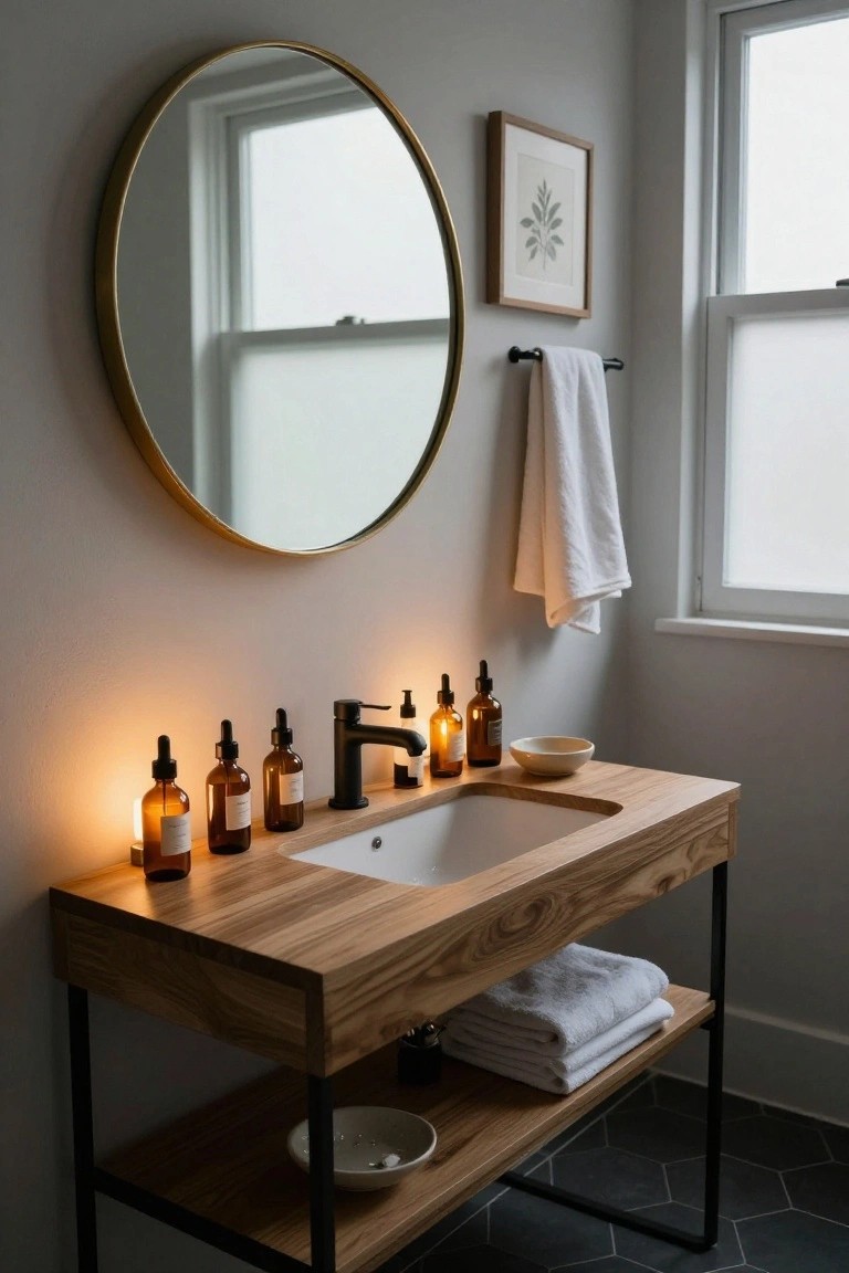 Wooden bathroom vanity with black metal legs and open lower shelf holding folded towels and a bowl, white under-mount sink with black faucet, several amber glass dropper bottles and lit candles on the counter, gold round mirror on gray wall above towel bar.