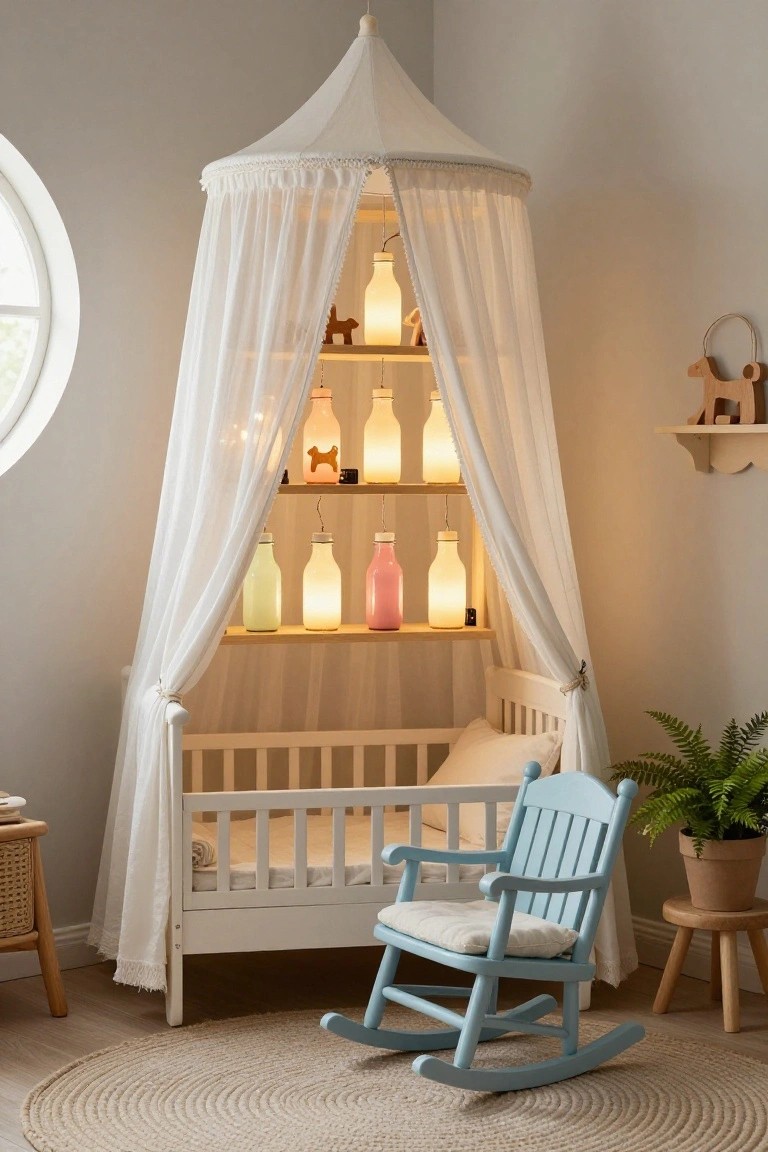 Corner nursery with white canopy crib, open shelves holding illuminated colorful glass milk bottles, wooden toys, blue rocking chair, potted plant, and round rug on wood floor.