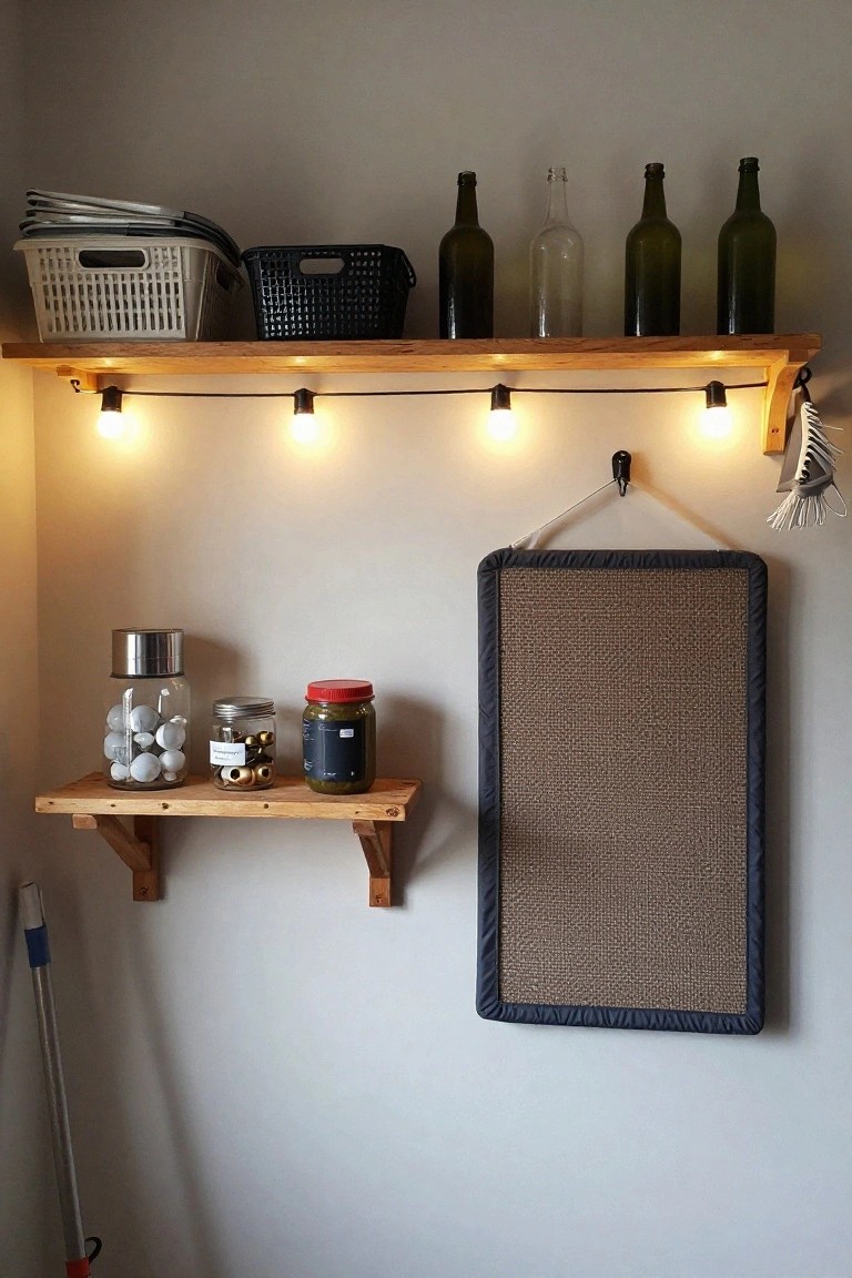 Wooden shelves in a utility room holding white and black baskets and green glass bottles up top, with string lights strung along the front edge, jars and lightbulbs on a lower shelf, a fabric-covered bulletin board on the wall, and a mop leaning nearby.
