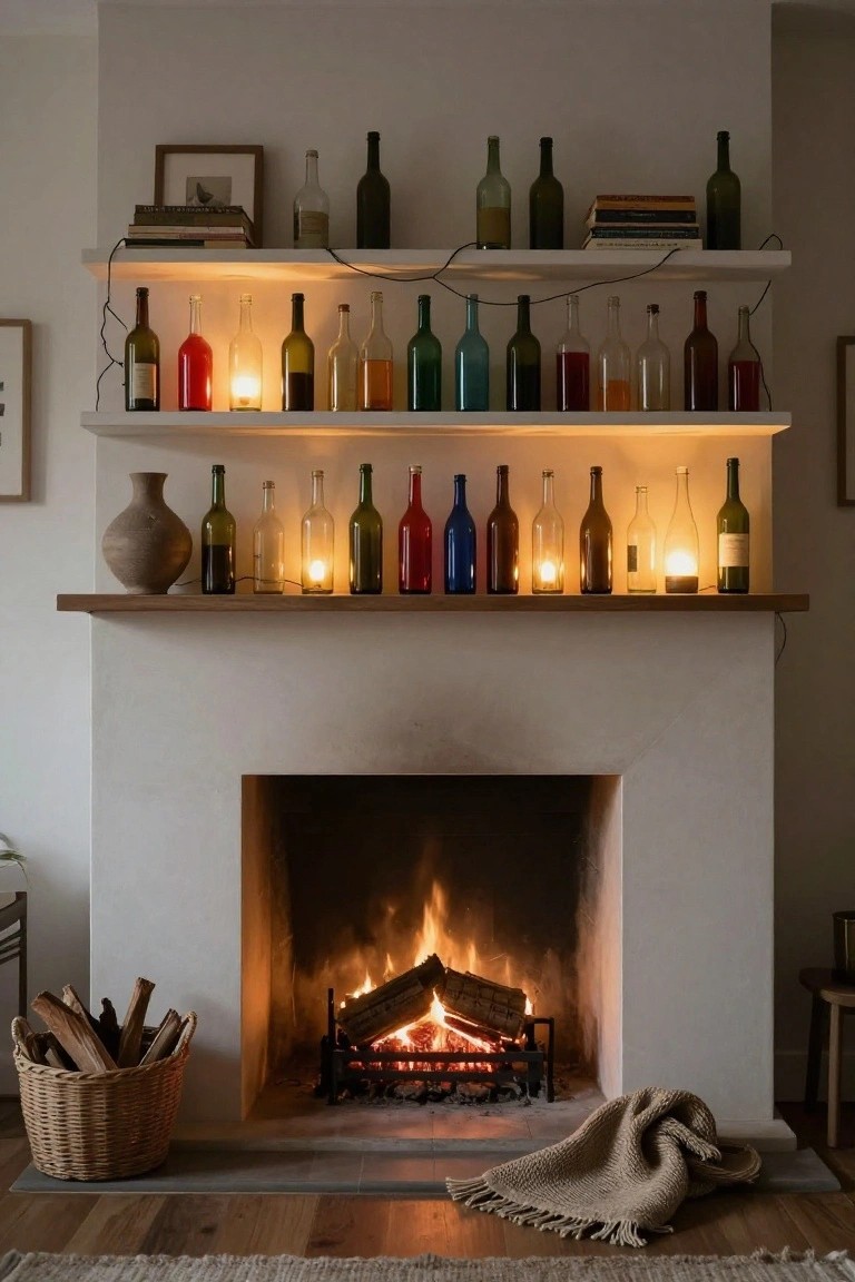 A white fireplace with a lit fire and colorful glass bottles on wooden shelves.