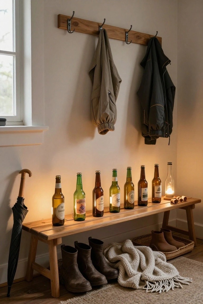 Wooden entry bench holding a row of glowing glass bottles lit from within, an umbrella leaning against it, boots on the floor, coats on a wall rack, and a candle lantern nearby.