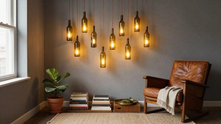 Four green glass wine bottle pendant lights with warm glowing bulbs hang from copper-colored twisted cords above a wooden sideboard in a gray-walled living room, with a leather armchair, plants, and books nearby.