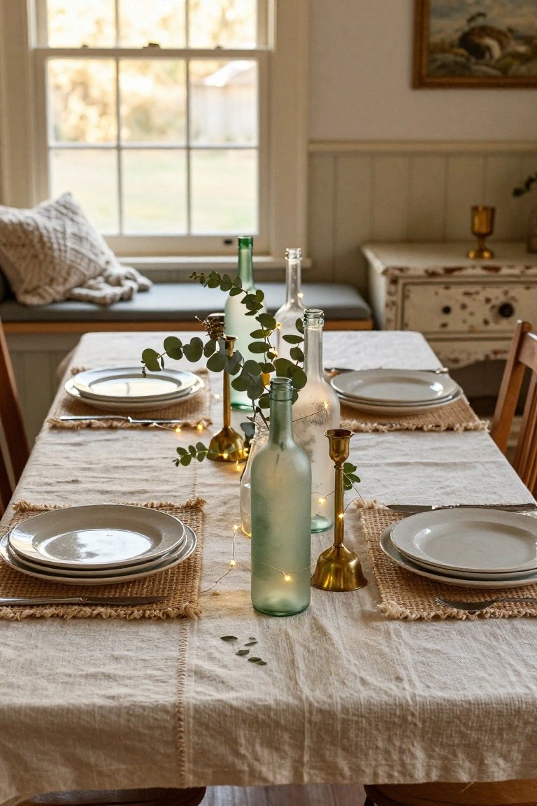 Dining table covered in beige linen cloth with placemats, stacked white plates, cutlery, green glass bottles containing fairy lights and eucalyptus branches, gold candlesticks, in a room with white wainscoting and a window.