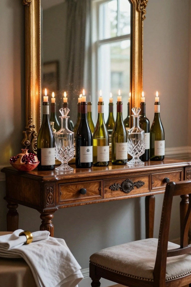 Gold-framed mirror reflecting a wooden console table holding wine bottles, crystal decanters, pomegranates in a bowl, lit candelabra candles, and folded napkins nearby with an empty chair in front.