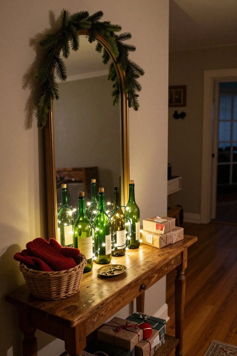 Wooden console table in a hallway holds several green wine bottles with fairy lights inside, a woven basket of red mittens, wrapped gifts, and sits next to a gold-framed arched mirror draped with evergreen garland.