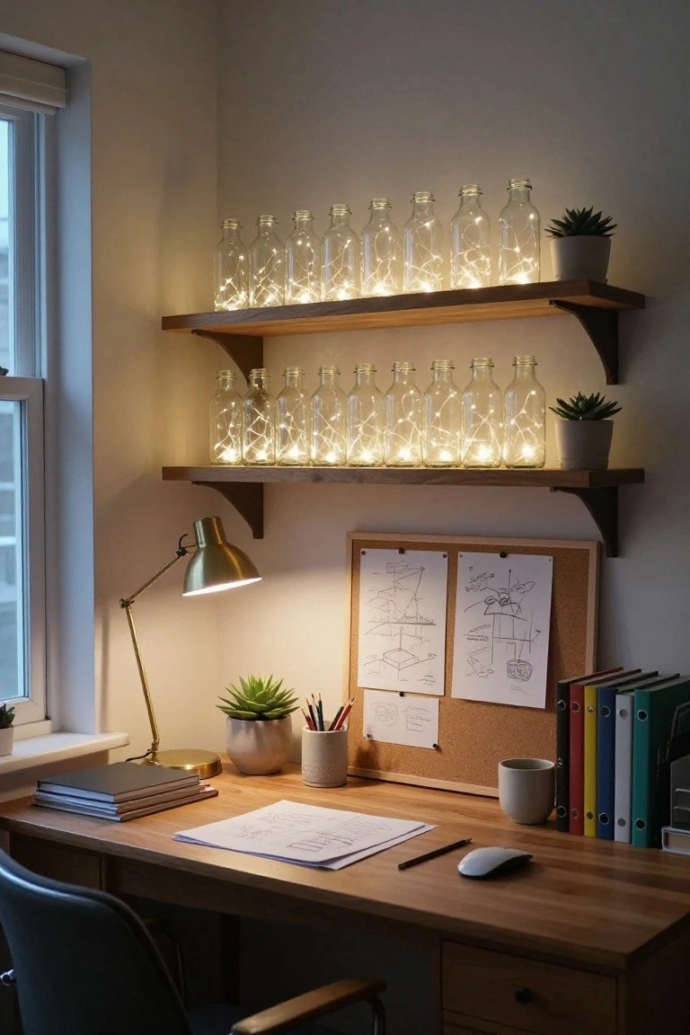 Wooden floating shelves above a wooden desk in a cozy home office corner, holding rows of clear glass bottles filled with fairy lights, alongside small potted succulents, a desk lamp, corkboard, books, and papers.