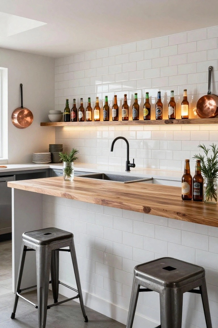 Modern kitchen interior featuring a white subway tile backsplash, wooden countertop island with bar stools, black faucet sink, and a wooden shelf above displaying multiple beer bottles illuminated by LED lights underneath, with copper pots hanging nearby.