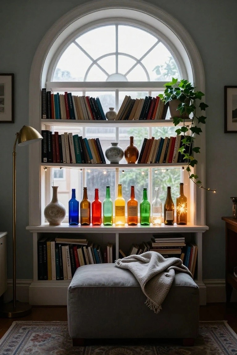 Arched window with bookshelves on both sides holding books and vases, a shelf below lined with colorful glass bottles containing fairy lights in rainbow order, string lights along the shelf, gold floor lamp nearby, and gray ottoman with throw in foreground.
