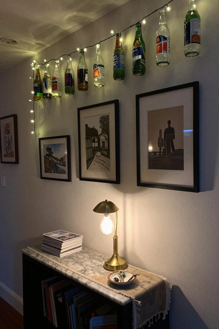 Assorted empty glass bottles hanging upside down from string lights along a beige interior wall above black-framed artwork and a marble-topped black console table with brass lamp, magazines, and keys.