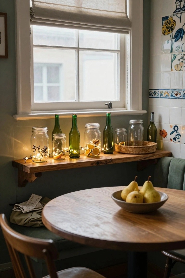 Kitchen windowsill shelf with green glass bottles, clear jars containing fairy lights and dried lemon slices, and a wicker tray, above a wooden table holding a bowl of pears.