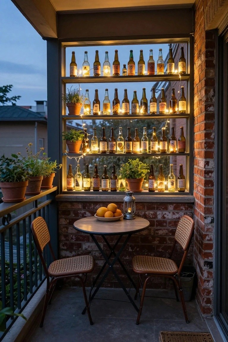 Balcony featuring brick walls and a large window with metal shelves filled with assorted empty glass bottles illuminated by white fairy lights, interspersed potted plants, a small round wooden table with woven chairs, bowl of oranges, metal lantern, and railing.