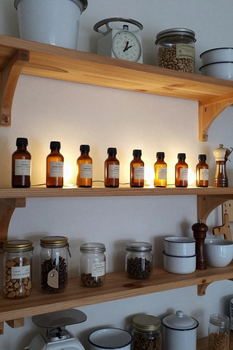 Wooden open shelves in a kitchen displaying jars of nuts, beans, and coffee alongside a row of backlit amber glass bottles labeled with essential oils, scales, and enamelware containers.