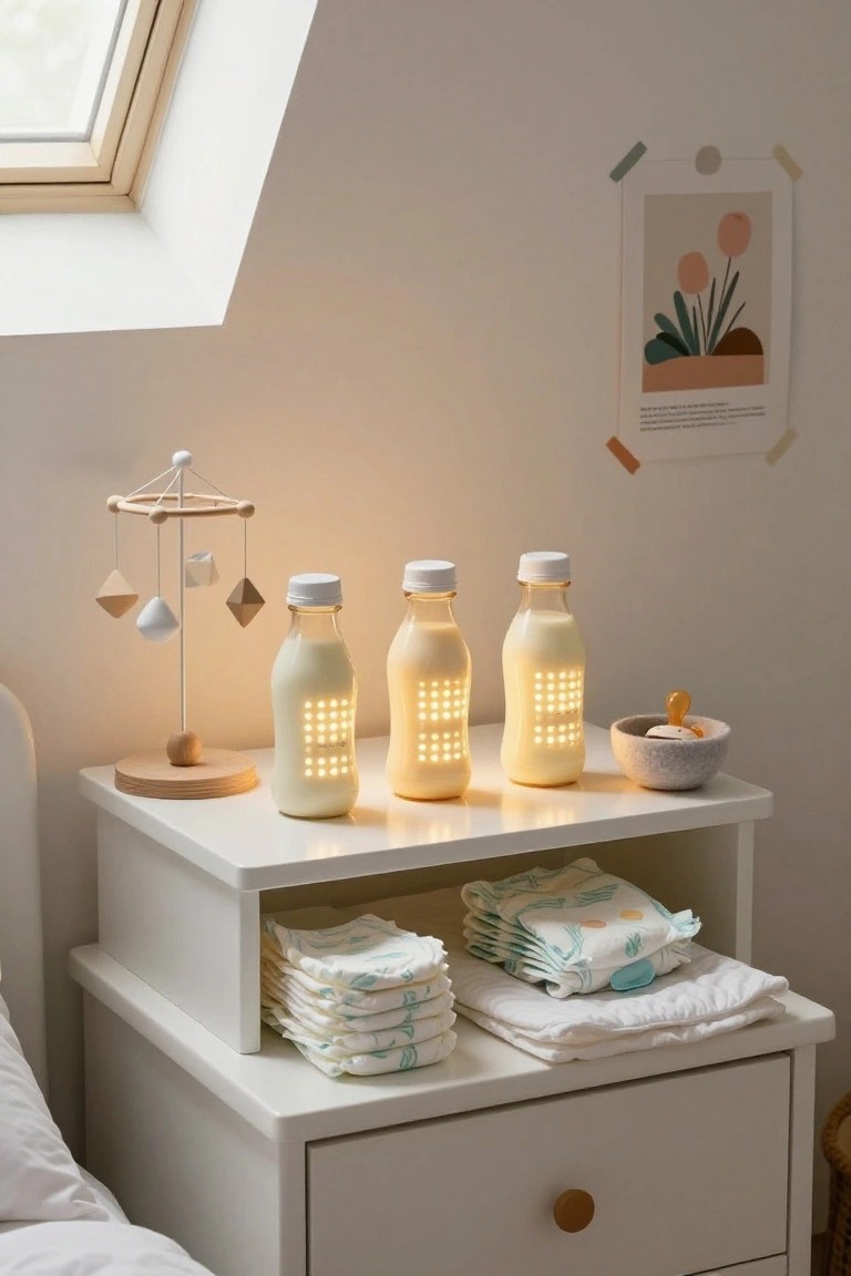 White nursery nightstand topped with three glowing milk bottle lamps, stacks of diapers, a blanket, wooden mobile, and baby accessories next to a bed.