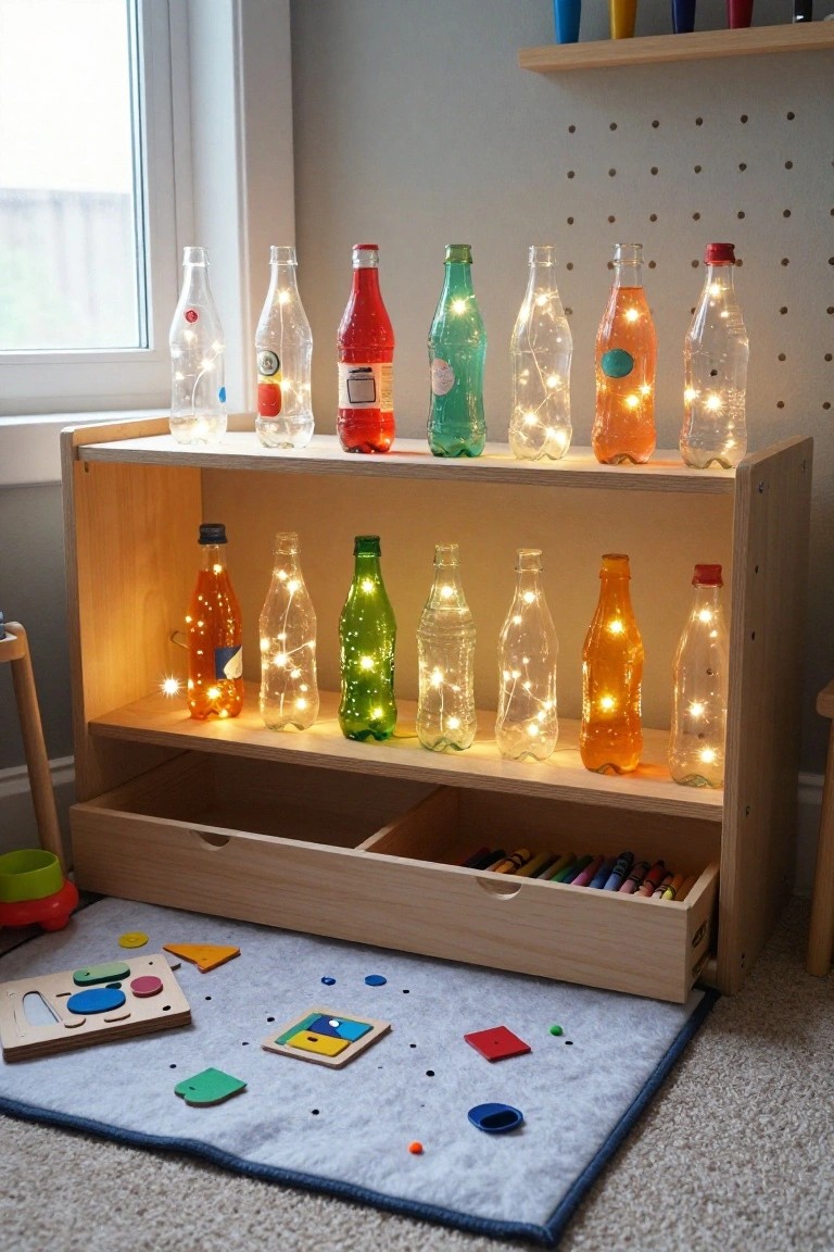Wooden shelving unit with two shelves displaying rows of colorful plastic bottles containing fairy lights, drawers below holding crayons, and wooden shape toys on a rug in a children's room.
