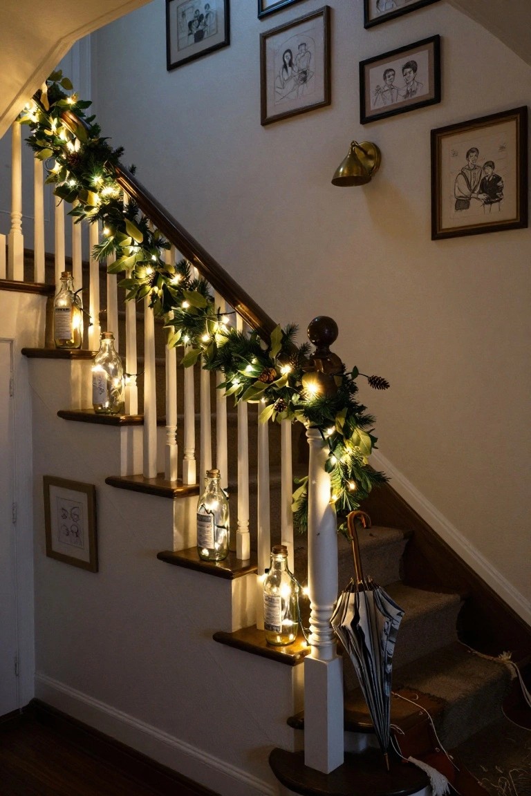 Wooden staircase with white railing decorated in green garland and white string lights, glass bottles containing fairy lights placed on steps and shelves, assorted black and white framed drawings on cream walls, brass wall sconce, and striped umbrella on a stool at the base.