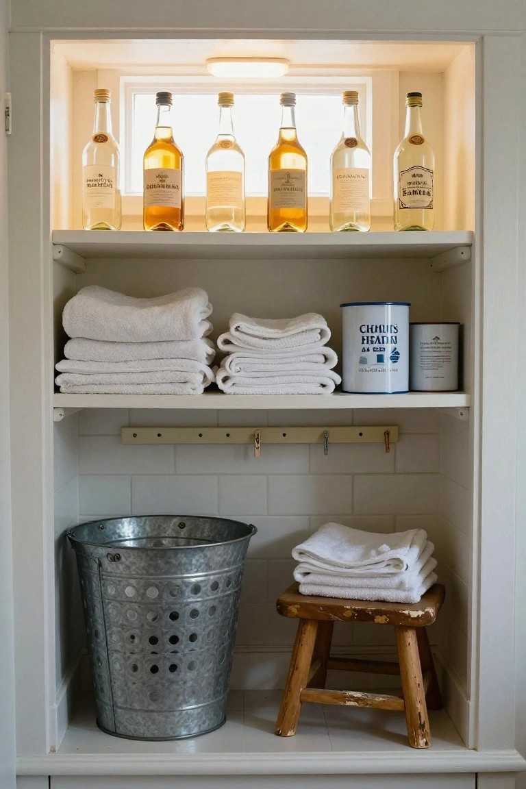 Open wooden cabinet in a bathroom with subway tile walls, featuring glass bottles on the top shelf, stacked white towels and a blue tin on middle shelves, a galvanized bucket and folded towels at the bottom, wooden pegs, and a small wooden stool.