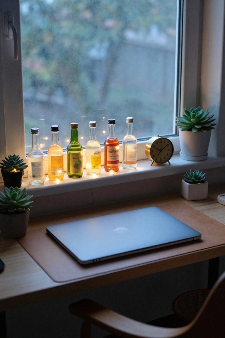 Windowsill with small colorful glass bottles containing fairy lights, potted succulents, and a gold clock, beside a wooden desk holding a closed laptop.