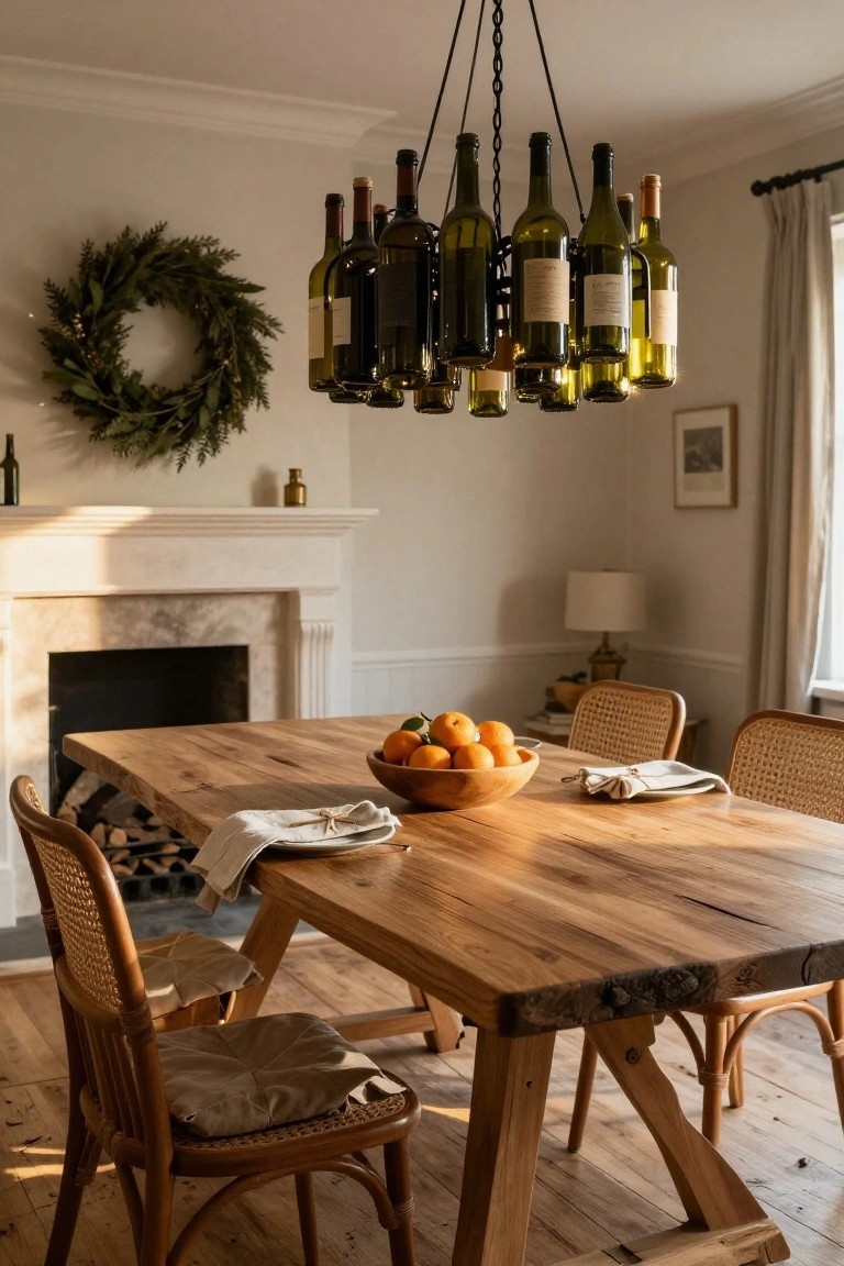 Dining room interior featuring a chandelier made from multiple hanging wine bottles over a live-edge wooden table with rattan chairs, a bowl of oranges, linen napkins, marble fireplace, and evergreen wreath on the wall.