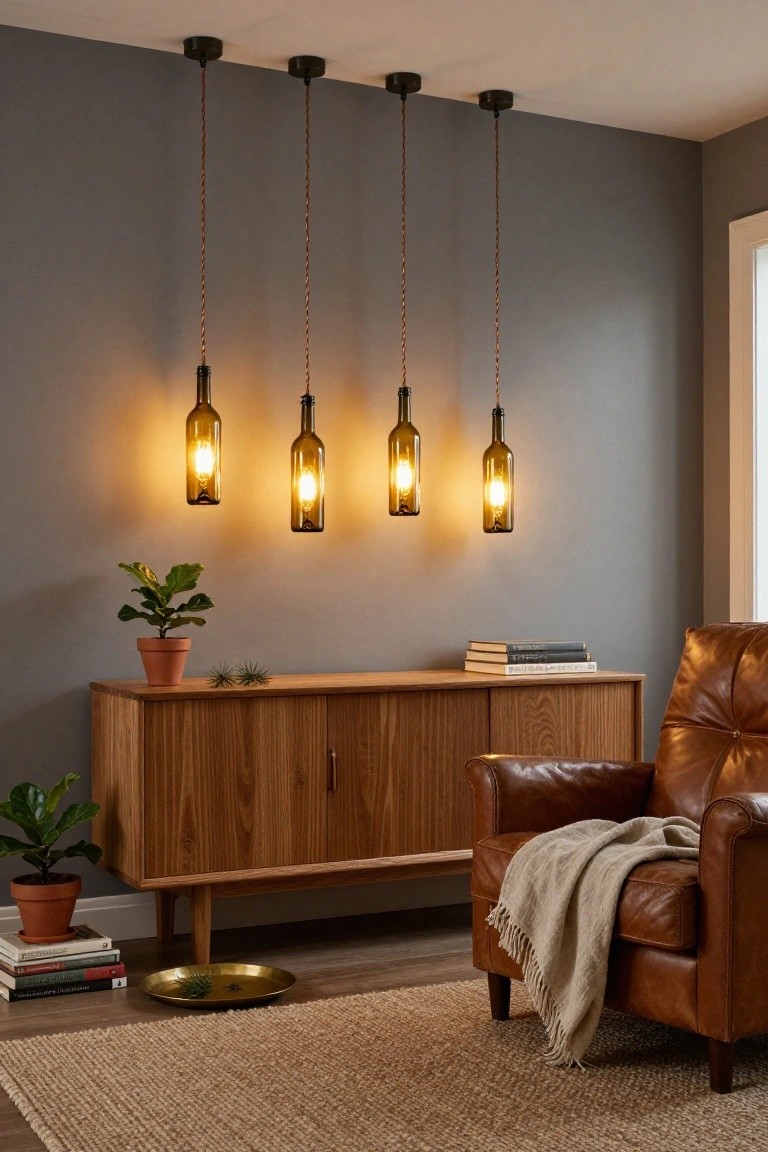 Four green glass wine bottle pendant lights with warm glowing bulbs hang from copper-colored twisted cords above a wooden sideboard in a gray-walled living room, with a leather armchair, plants, and books nearby.