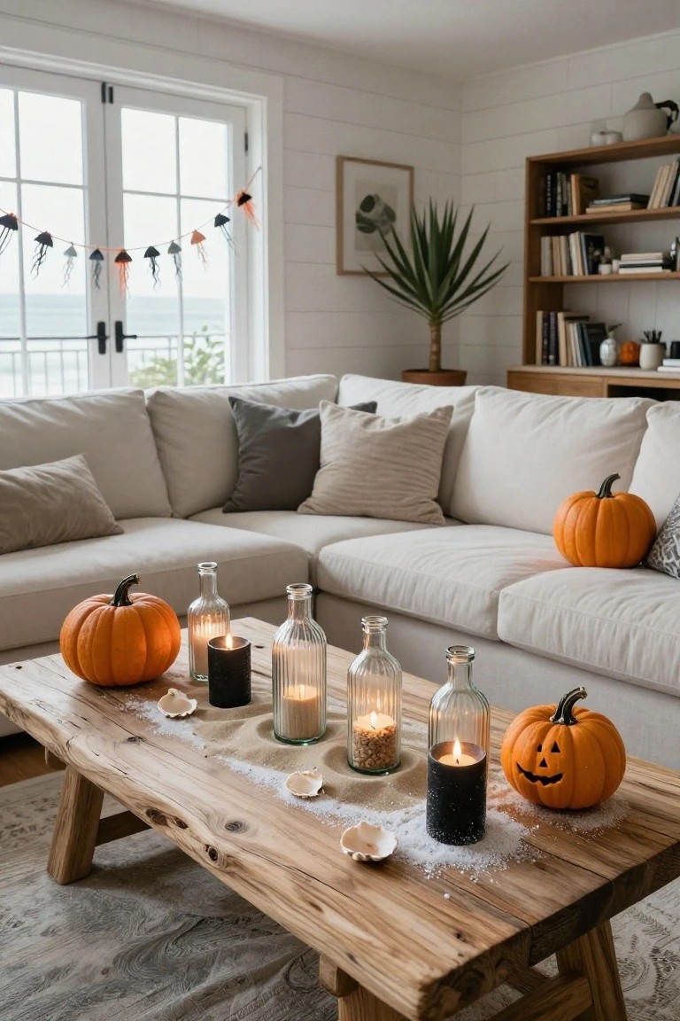 Cozy living room with beige sectional sofa, wooden coffee table topped with orange pumpkins, carved jack-o-lantern, candles, glass bottles, seashells, and sand, jellyfish garland hanging near ocean-view windows.