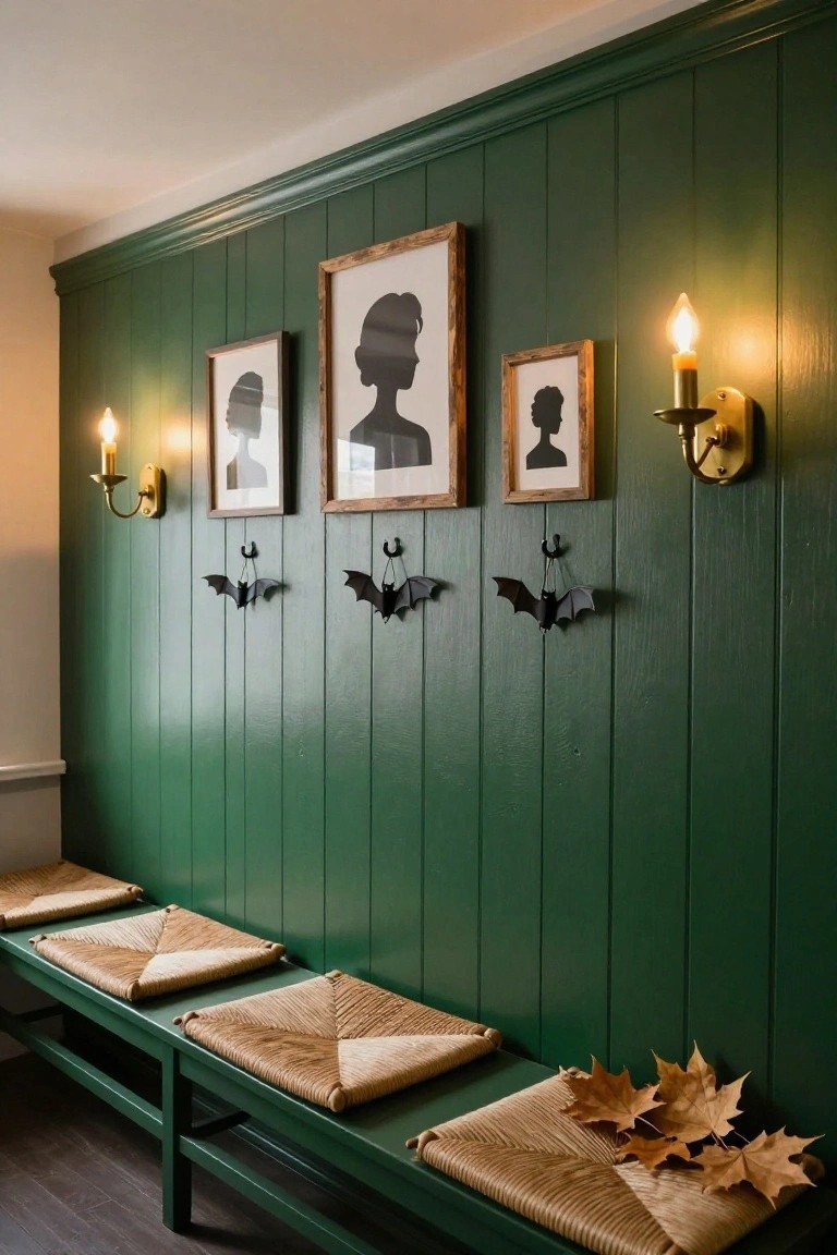 Green vertical shiplap wall with three framed black silhouette portraits, two brass candle sconces with lit flames, four black paper bats mounted as hooks, and a green wooden bench with rush seat cushions and scattered autumn leaves on one seat.