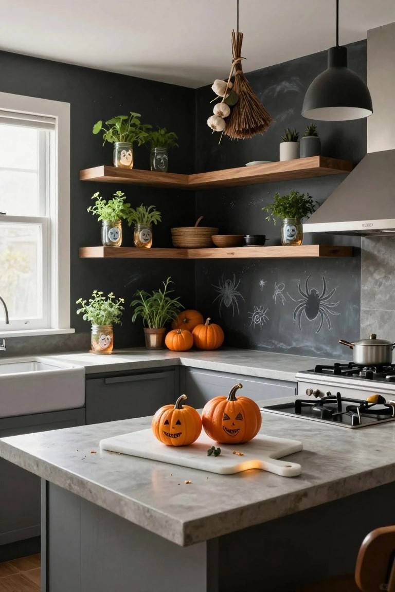 Gray kitchen with open wood shelves holding mason jars painted with Halloween faces and containing herbs, plus pumpkins on shelves, counter, and chalk spider drawings on the dark backsplash.