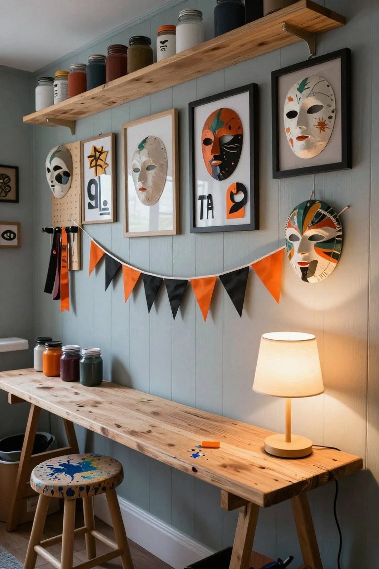 Indoor craft room with light blue paneled walls displaying various painted and framed masks, orange and black bunting garland, wooden shelves holding jars, a wooden desk with lamp and colorful stool.