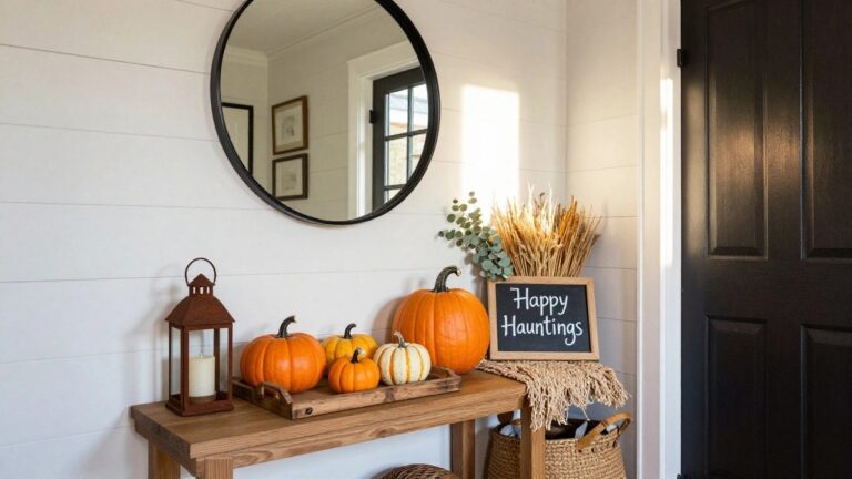 Rustic wooden console table in a white shiplap entryway holding assorted orange pumpkins, a jar of eucalyptus, and a chalkboard sign reading "Happy Hauntings," with metal lanterns, a basket of wheat stalks, and a large round black mirror mounted above.