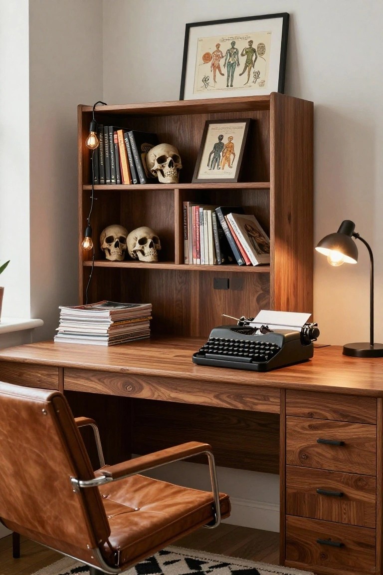 Wooden desk with vintage black typewriter, stack of magazines, leather chair, and matching bookshelf above holding books, multiple faux skulls, anatomical framed artwork, and hanging Edison bulb lights in a corner room.