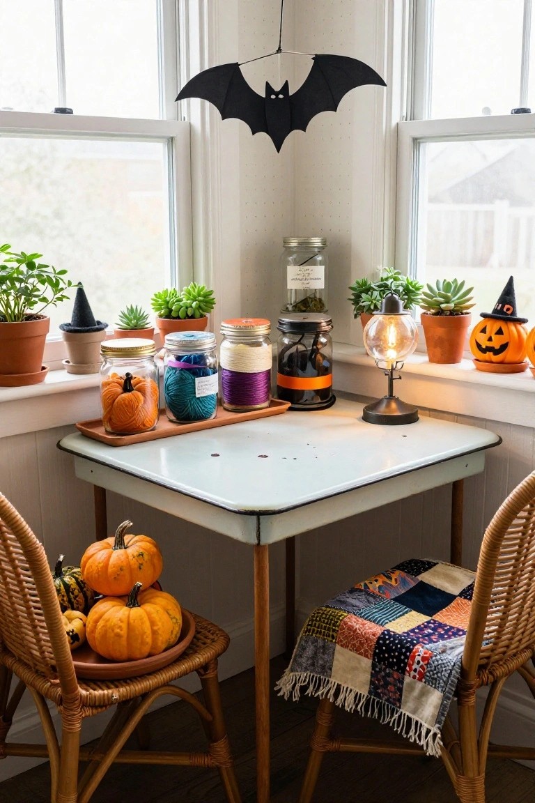 Corner indoor table with Halloween decorations including jars of yarn pumpkins and skeins, small pumpkins on rattan chairs with patchwork cushions, potted plants, witch hats, and a hanging black bat near windows.