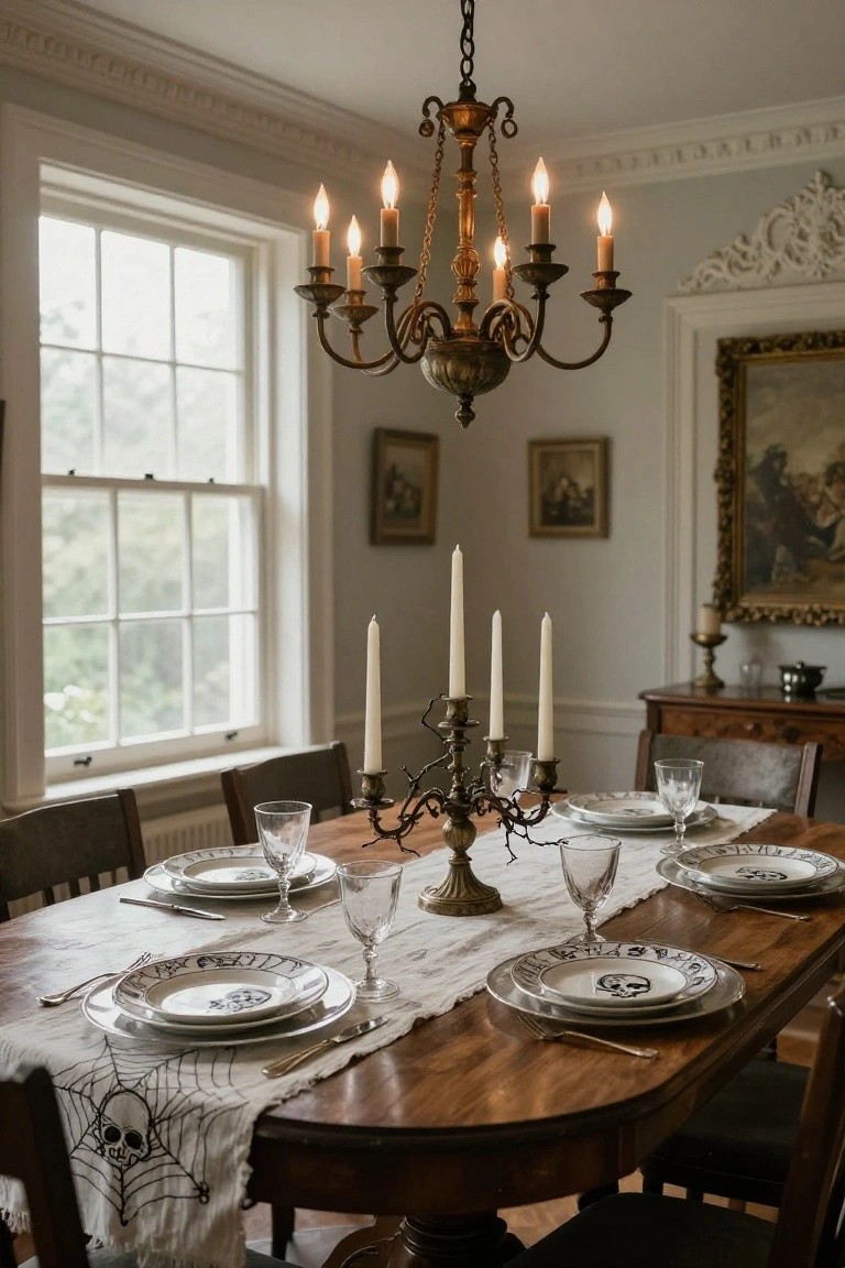 Formal dining room with wooden table set for Halloween featuring white plates with black skull designs, spider web runner, brass candelabras with candles, wine glasses, and chairs around it under a chandelier.