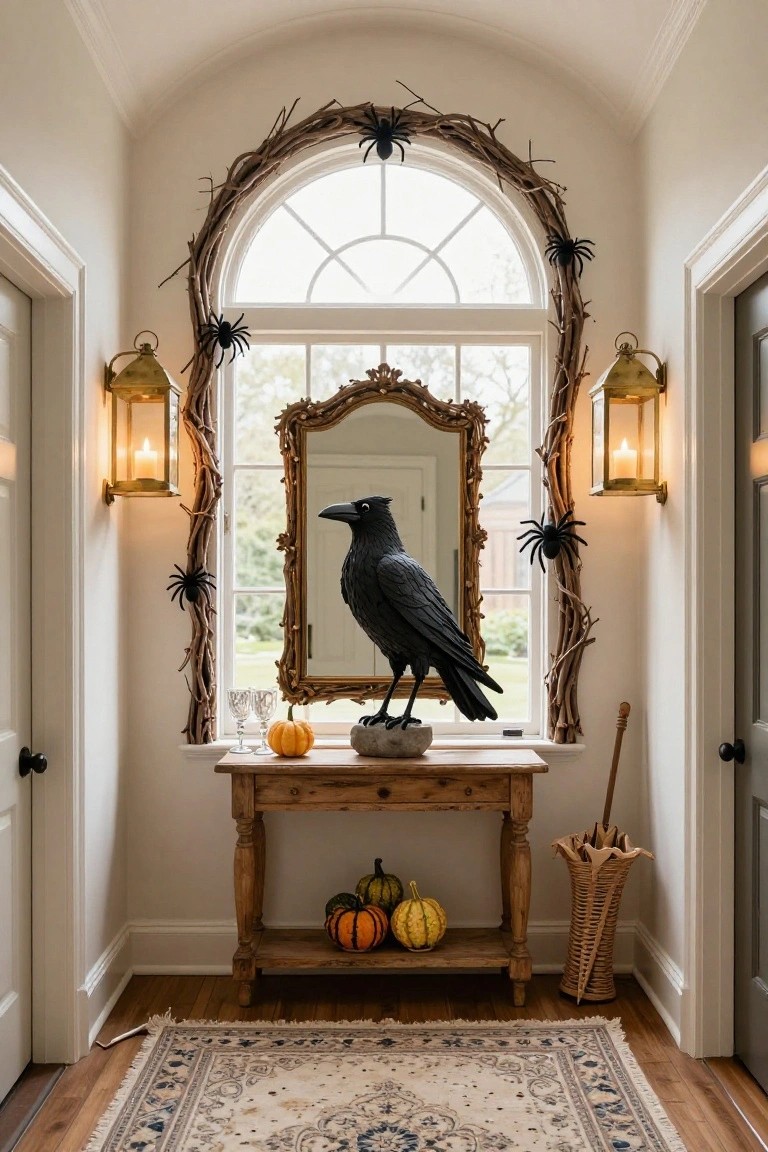Entryway with wooden console table holding a large black raven statue and pumpkins, ornate mirror nearby, arched window framed by twigs and plastic spiders, flanked by lanterns and doors.