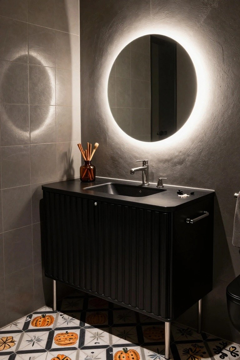 Modern bathroom featuring a black fluted vanity with sink, round backlit mirror on gray textured walls, orange glass vase with cinnamon sticks, and black-and-white floor tiles with orange pumpkin designs near a black toilet.